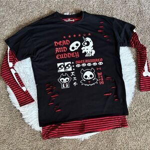 Skelanimals Shirt Long Sleeves Striped Bones‎ Red Black Mens Size Small